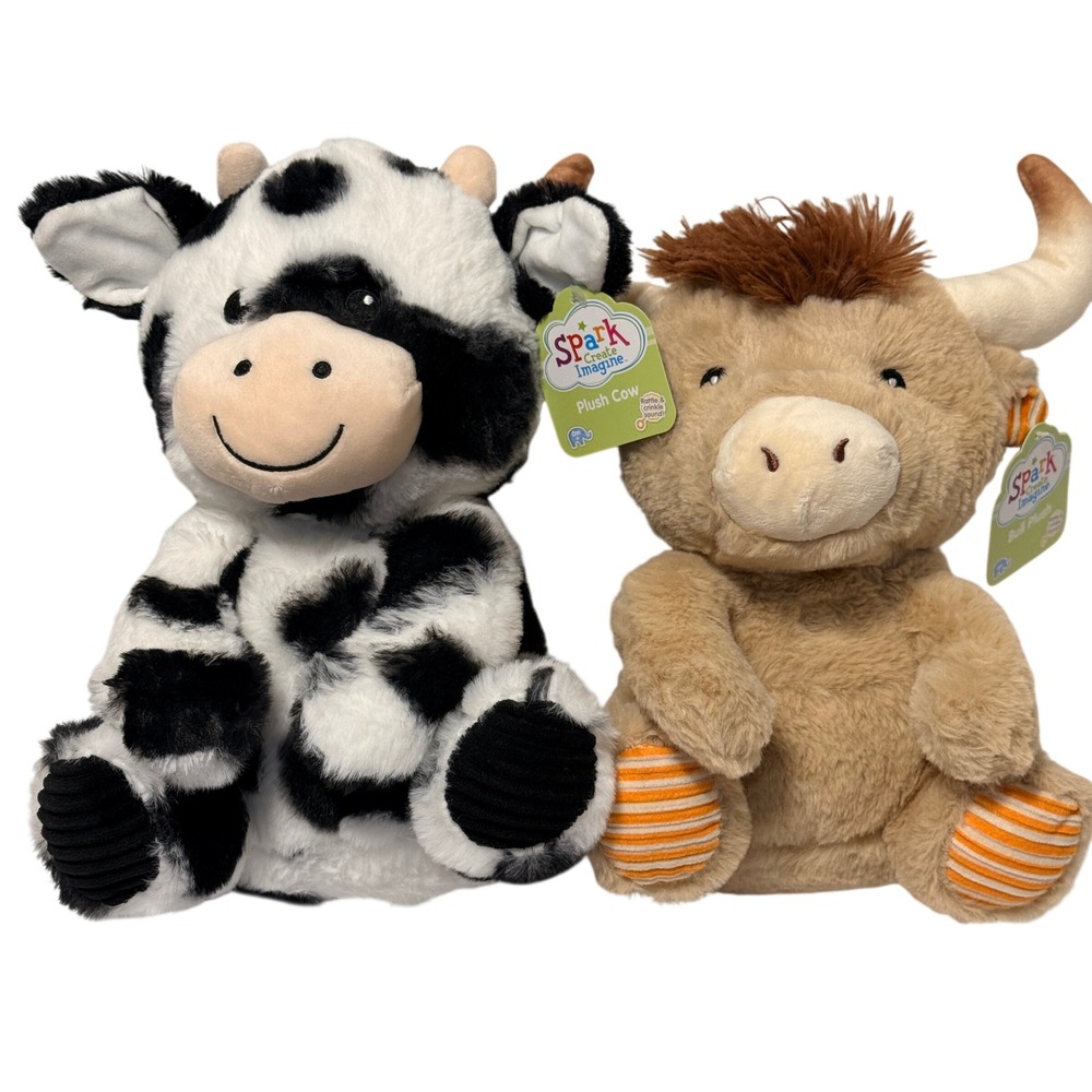 Spark Create Imagine Plush Cow and Bull Sensory Rattle Crinkle Toy Set 9 Inch